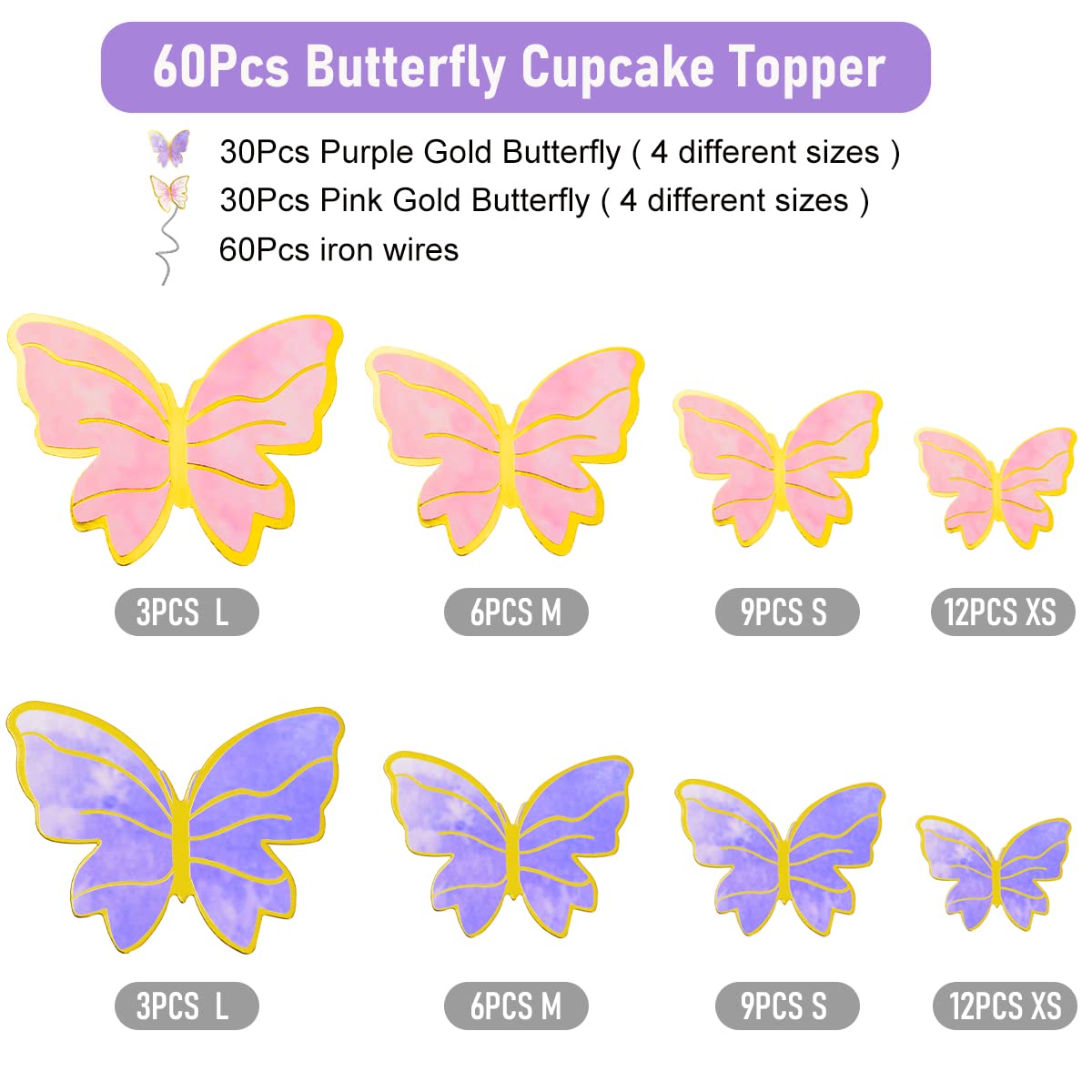 WOW DING 60Pcs Butterfly Cupcake Toppers – 3D Pink Purple Gold, Mixed Sizes