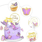 WOW DING 60Pcs Purple Gold 3D Butterfly Cupcake Toppers + 2 Happy Birthday Toppers