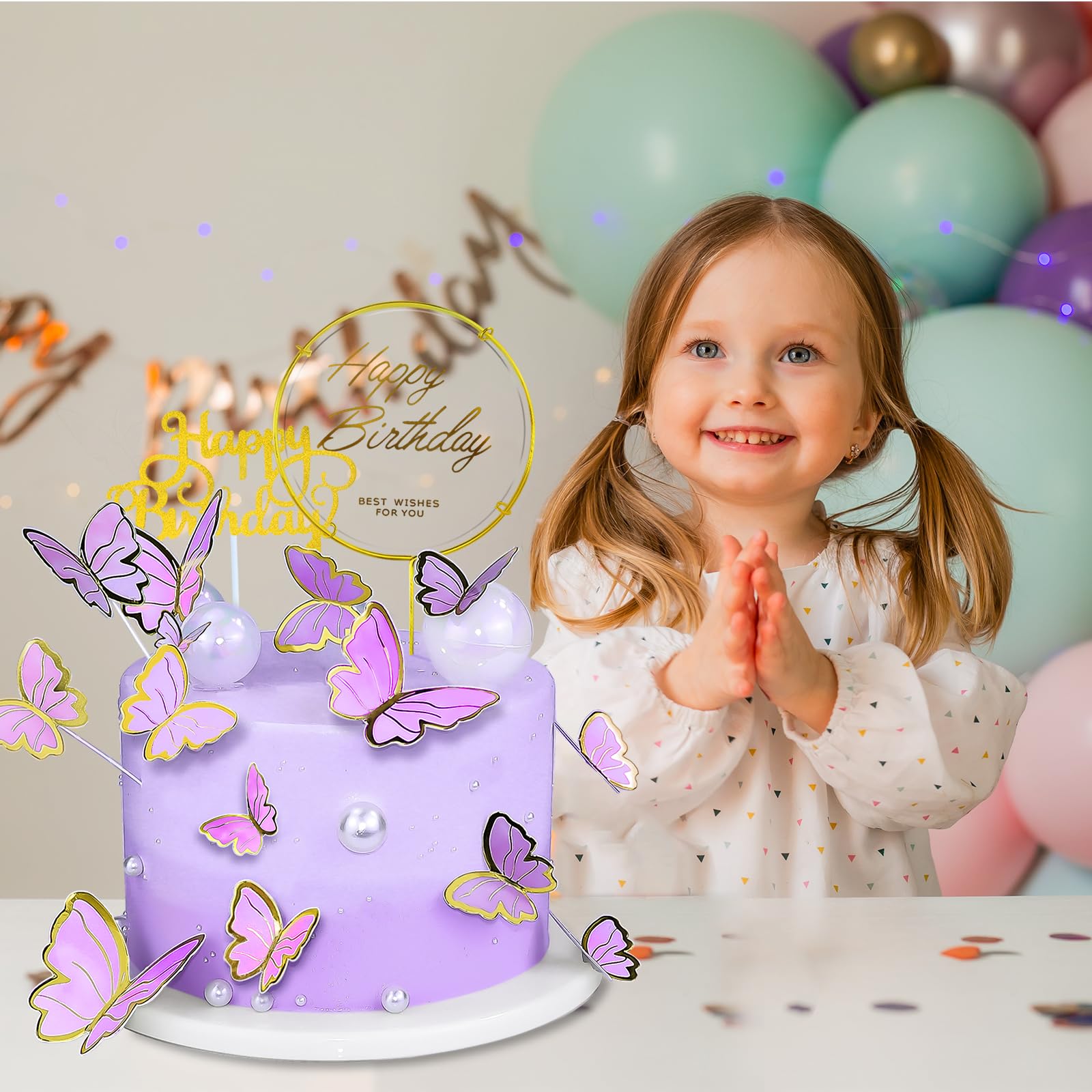 WOW DING 60Pcs Purple Gold 3D Butterfly Cupcake Toppers + 2 Happy Birthday Toppers