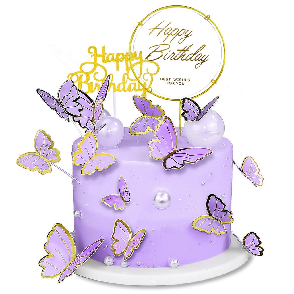 WOW DING 60Pcs Purple Gold 3D Butterfly Cupcake Toppers + 2 Happy Birthday Toppers