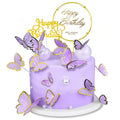 WOW DING 60Pcs Purple Gold 3D Butterfly Cupcake Toppers + 2 Happy Birthday Toppers