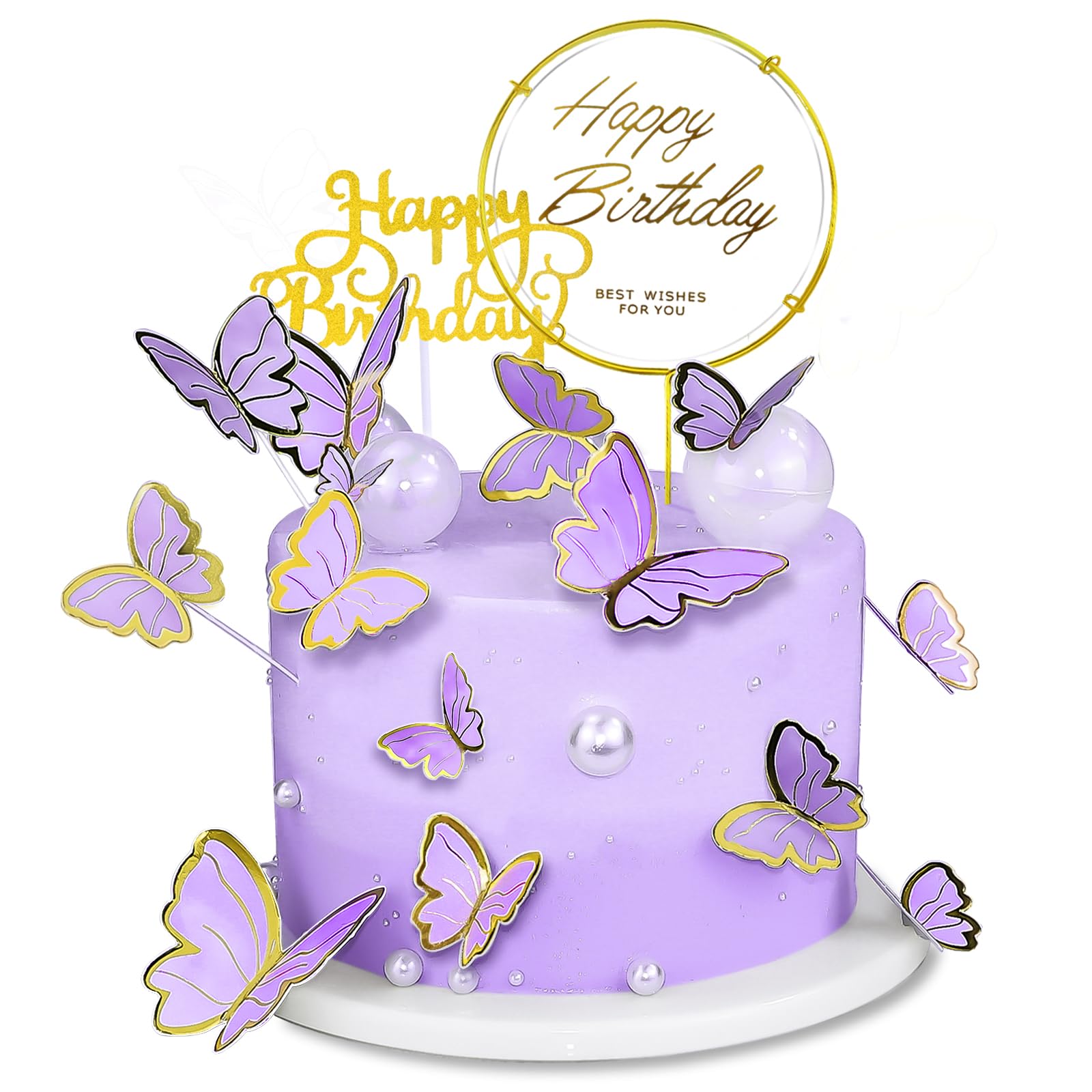 WOW DING 60Pcs Purple Gold 3D Butterfly Cupcake Toppers + 2 Happy Birthday Toppers