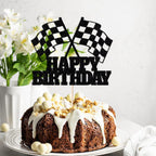WRACKKIAR Race Car Cake Topper - Checkered Flag Glitter Birthday Decor