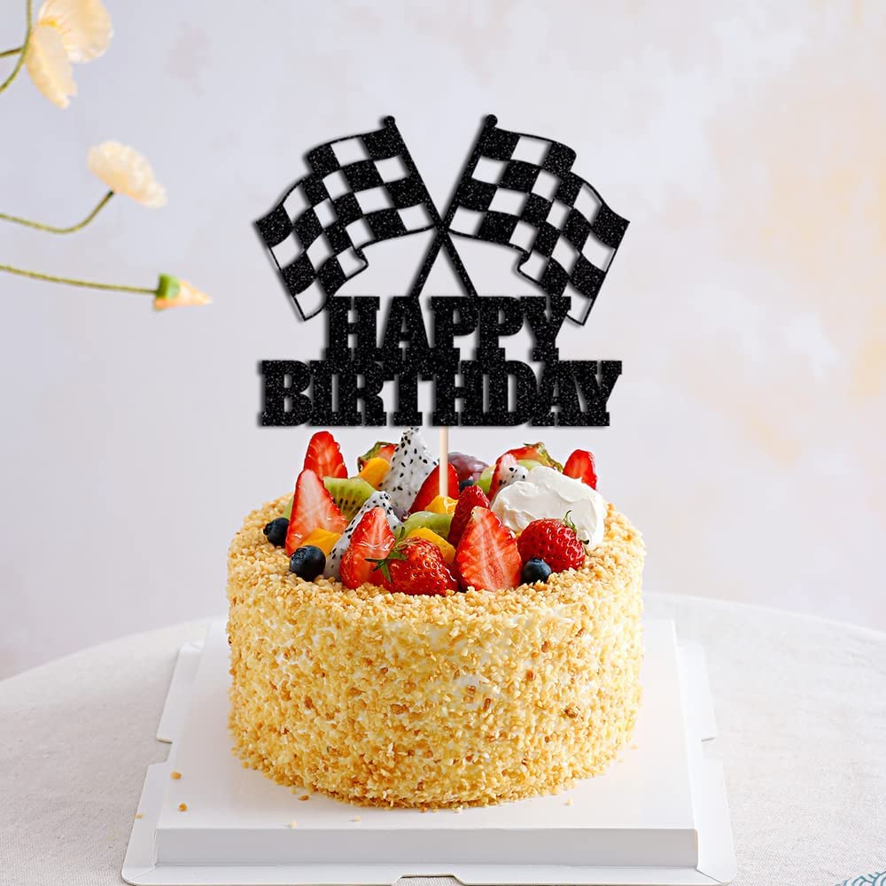 WRACKKIAR Race Car Cake Topper - Checkered Flag Glitter Birthday Decor