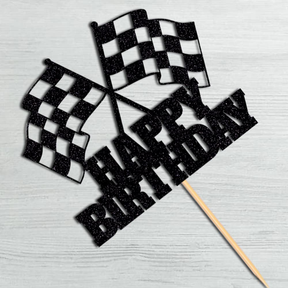 WRACKKIAR Race Car Cake Topper - Checkered Flag Glitter Birthday Decor