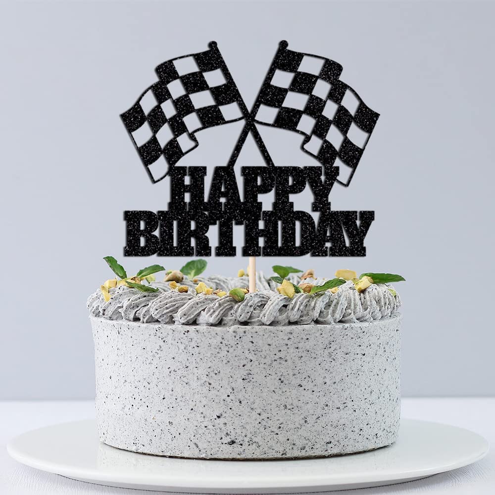 WRACKKIAR Race Car Cake Topper - Checkered Flag Glitter Birthday Decor