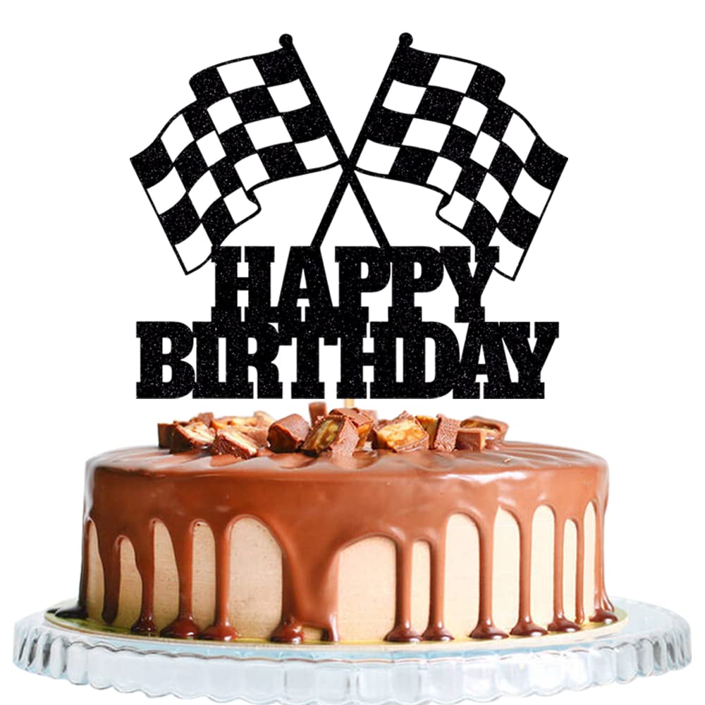 WRACKKIAR Race Car Cake Topper - Checkered Flag Glitter Birthday Decor