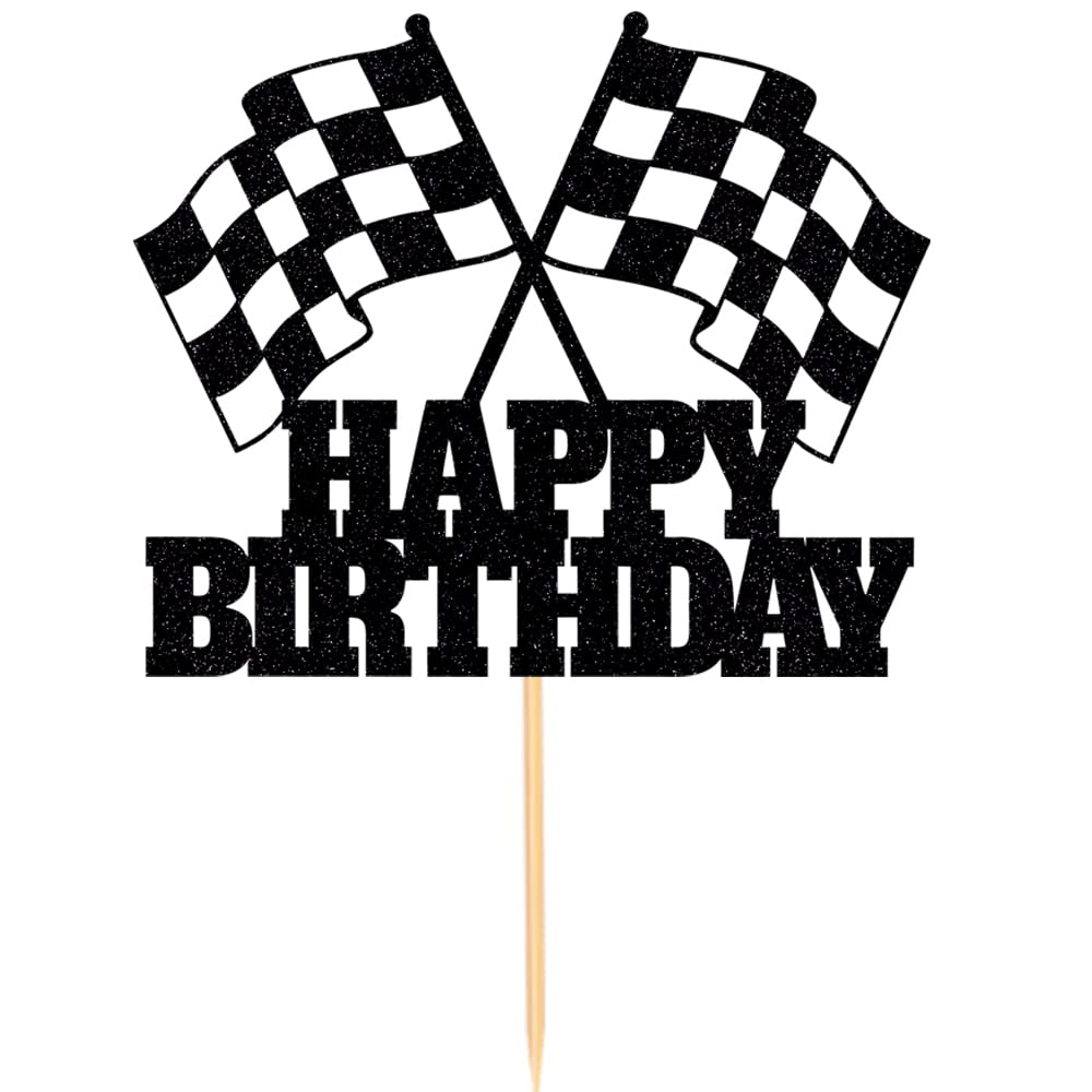 WRACKKIAR Race Car Cake Topper - Checkered Flag Glitter Birthday Decor