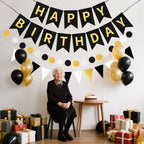 WRICHEAR Black Gold Happy Birthday Banner - Elegant Party Decorations