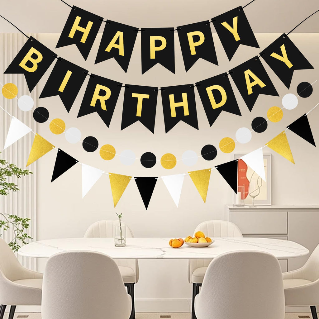 WRICHEAR Black Gold Happy Birthday Banner - Elegant Party Decorations