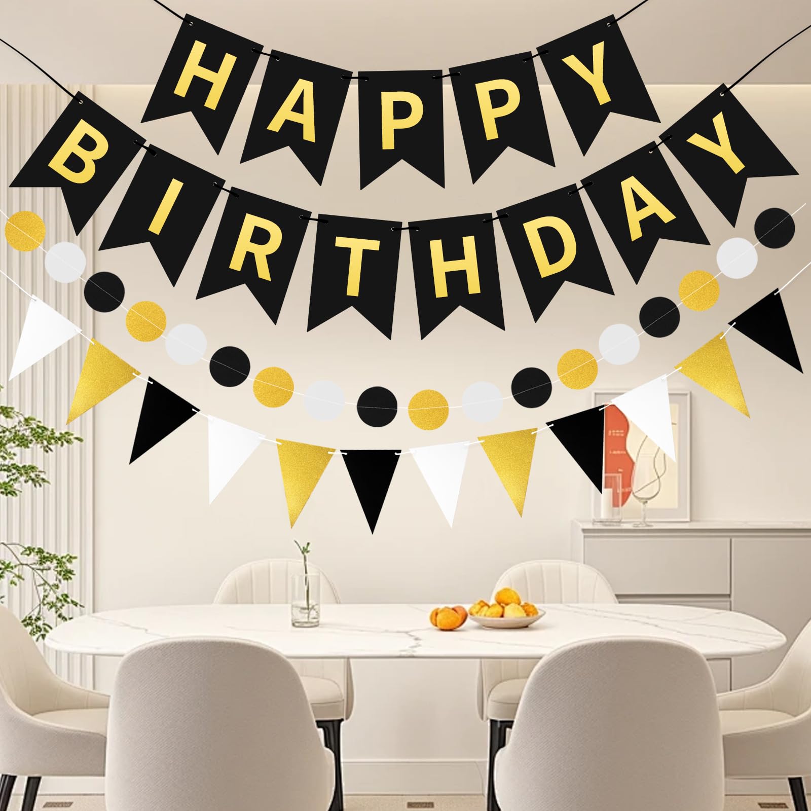WRICHEAR Black Gold Happy Birthday Banner - Elegant Party Decorations