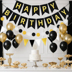 WRICHEAR Black Gold Happy Birthday Banner - Elegant Party Decorations