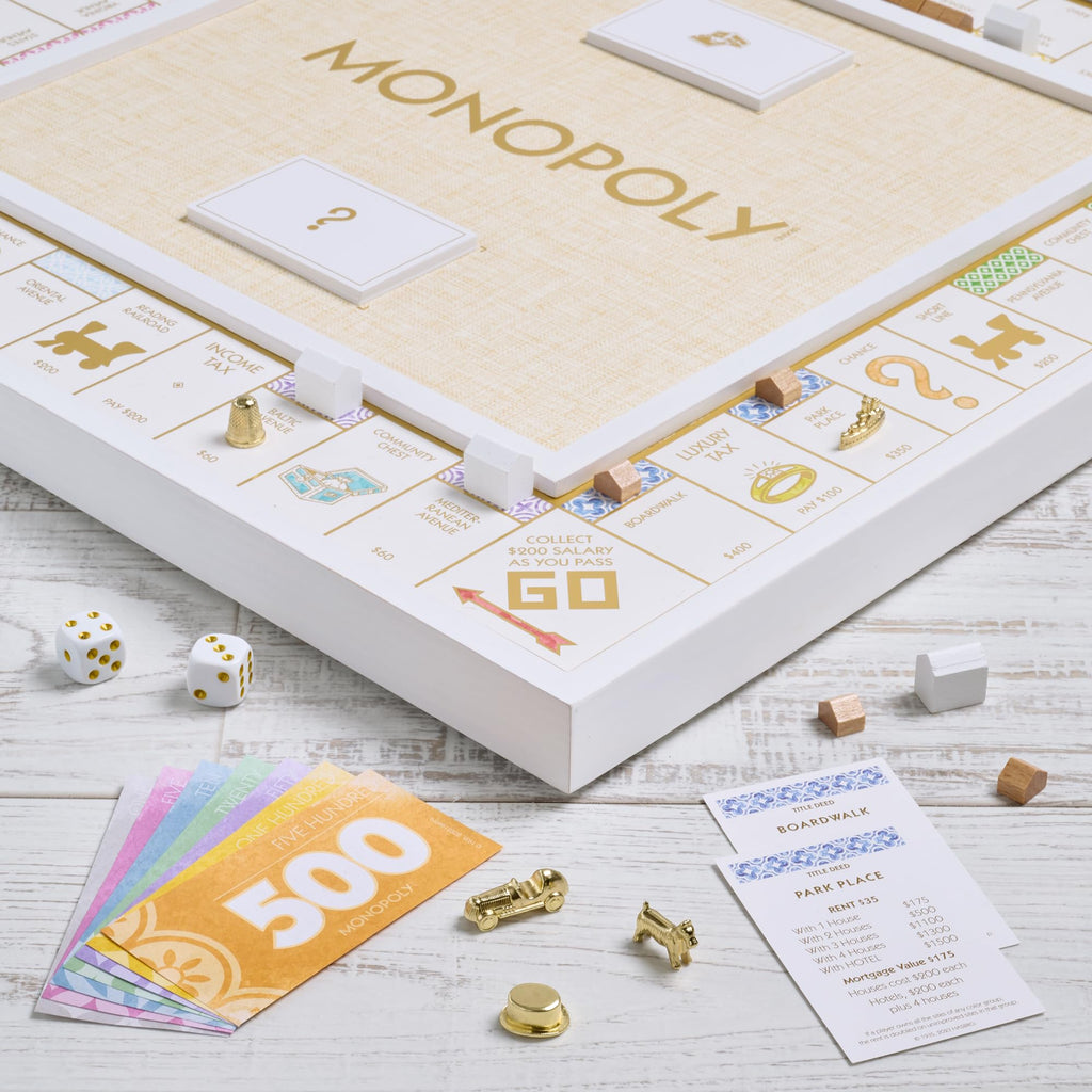 WS Game Company Monopoly Bianco Edition — White Wood Board, Gold-Tone Tokens & Premium Accessories
