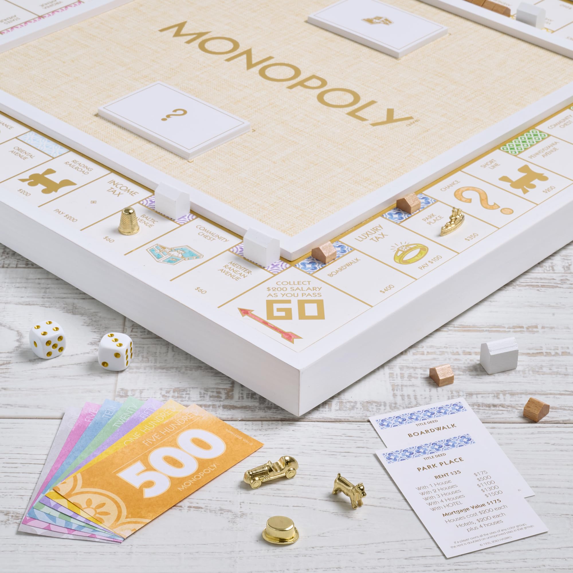 WS Game Company Monopoly Bianco Edition — White Wood Board, Gold-Tone Tokens & Premium Accessories