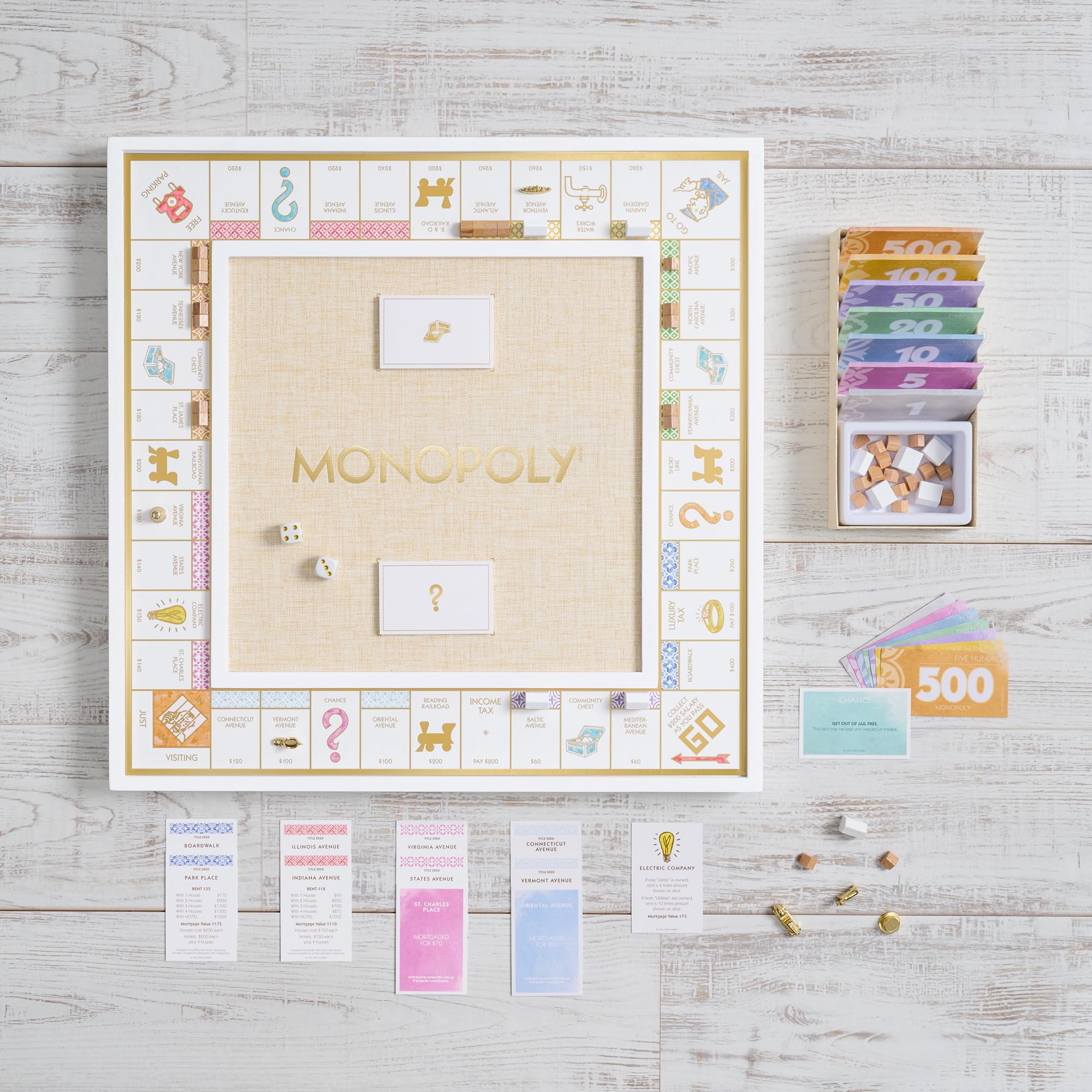 WS Game Company Monopoly Bianco Edition — White Wood Board, Gold-Tone Tokens & Premium Accessories