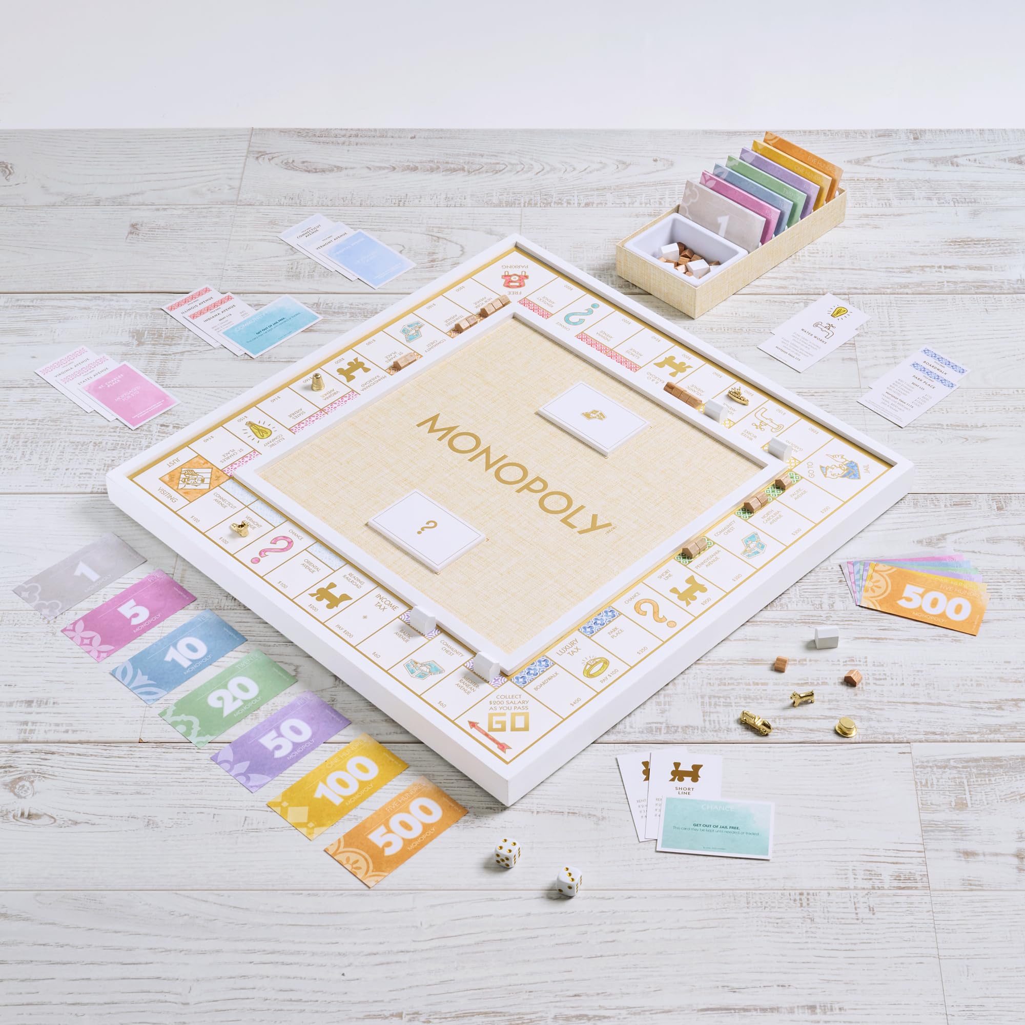 WS Game Company Monopoly Bianco Edition — White Wood Board, Gold-Tone Tokens & Premium Accessories