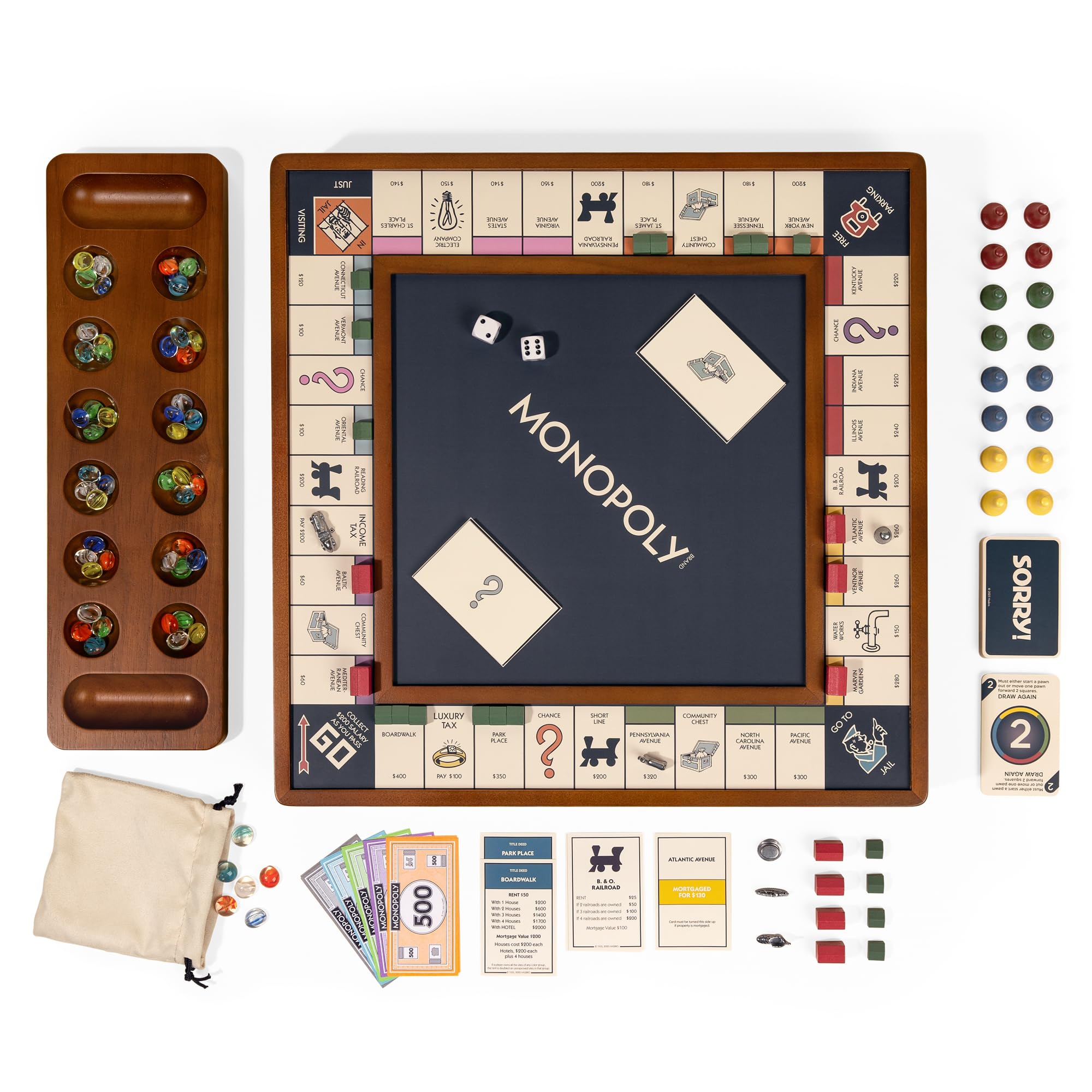 WS Game Company 3-in-1 Premium Game Collection: Monopoly, Sorry!, Mancala on a Reversible Wooden Board