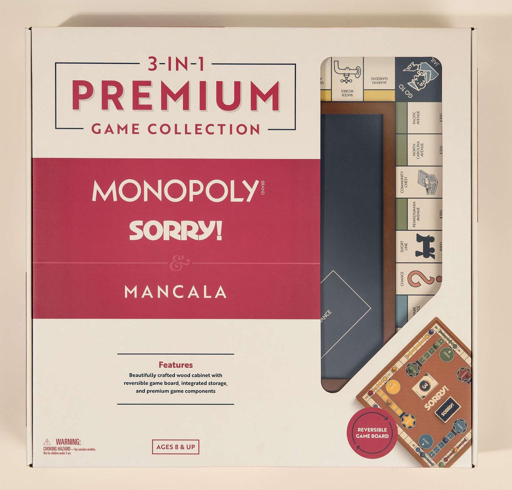 WS Game Company 3-in-1 Premium Game Collection: Monopoly, Sorry!, Mancala on a Reversible Wooden Board