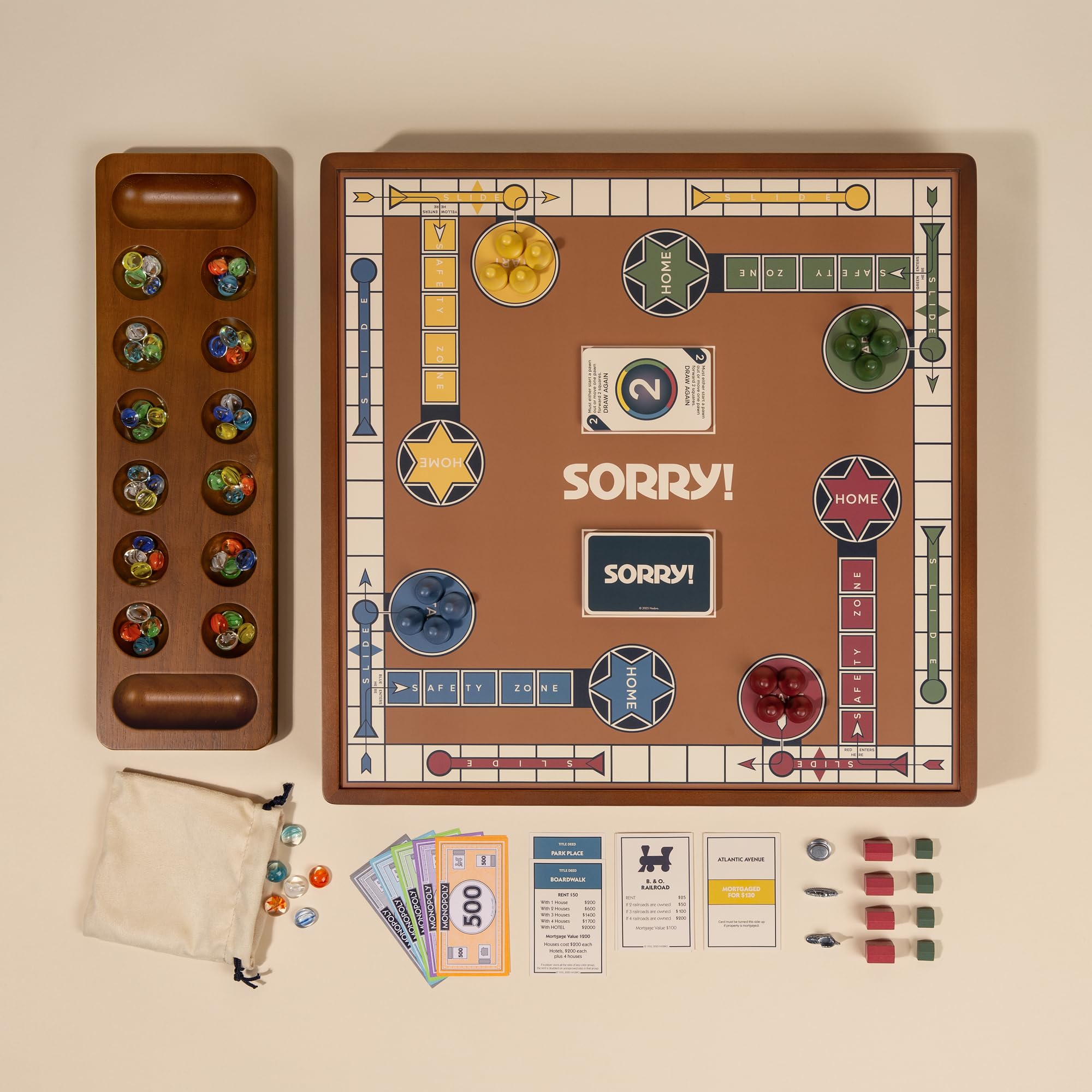 WS Game Company 3-in-1 Premium Game Collection: Monopoly, Sorry!, Mancala on a Reversible Wooden Board