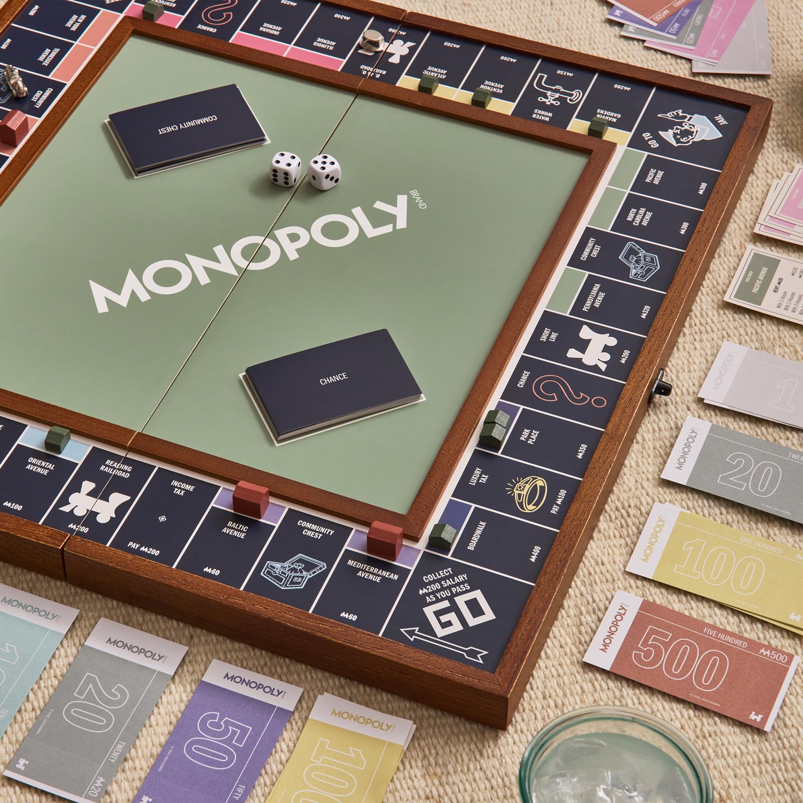 WS Game Company Monopoly Grand Folding Edition – Elegant Wood-Framed Board, Die-Cast Tokens, and Organized Storage