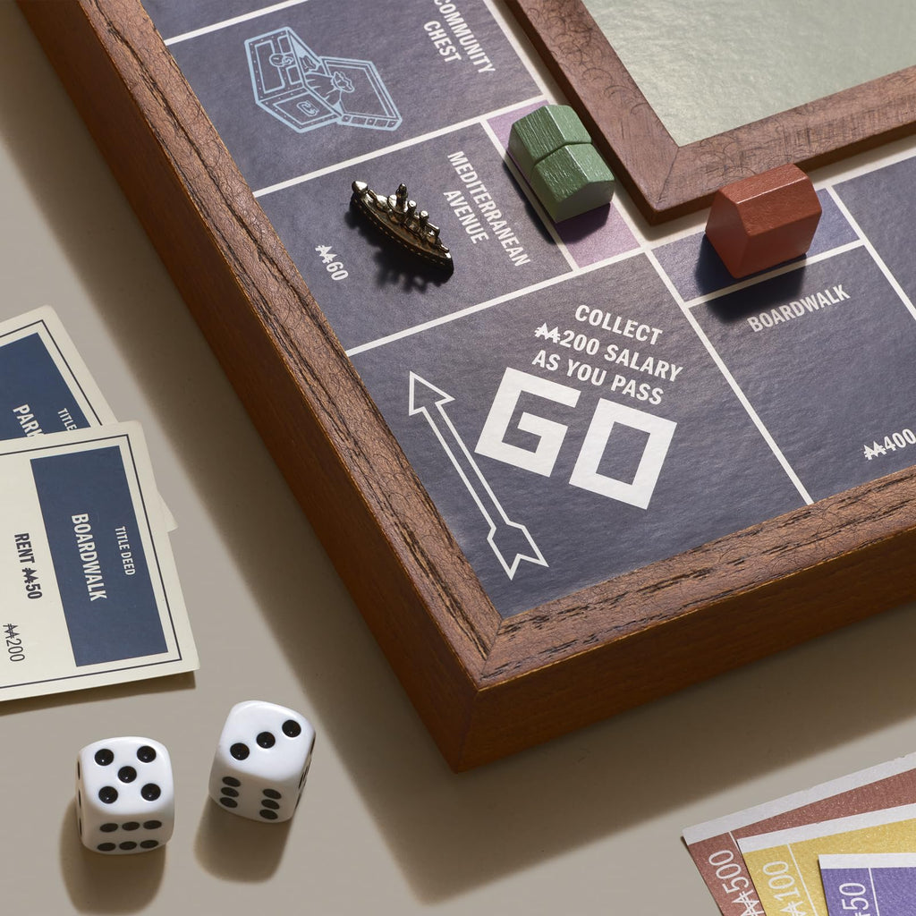 WS Game Company Monopoly Grand Folding Edition – Elegant Wood-Framed Board, Die-Cast Tokens, and Organized Storage