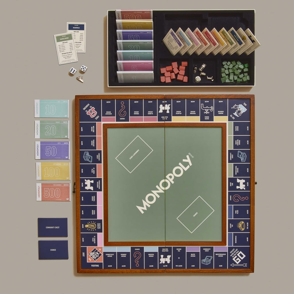 WS Game Company Monopoly Grand Folding Edition – Elegant Wood-Framed Board, Die-Cast Tokens, and Organized Storage