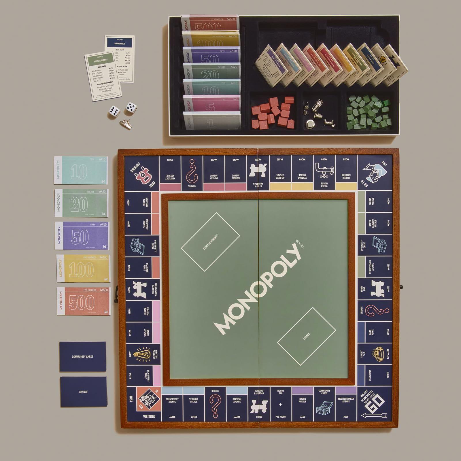 WS Game Company Monopoly Grand Folding Edition – Elegant Wood-Framed Board, Die-Cast Tokens, and Organized Storage