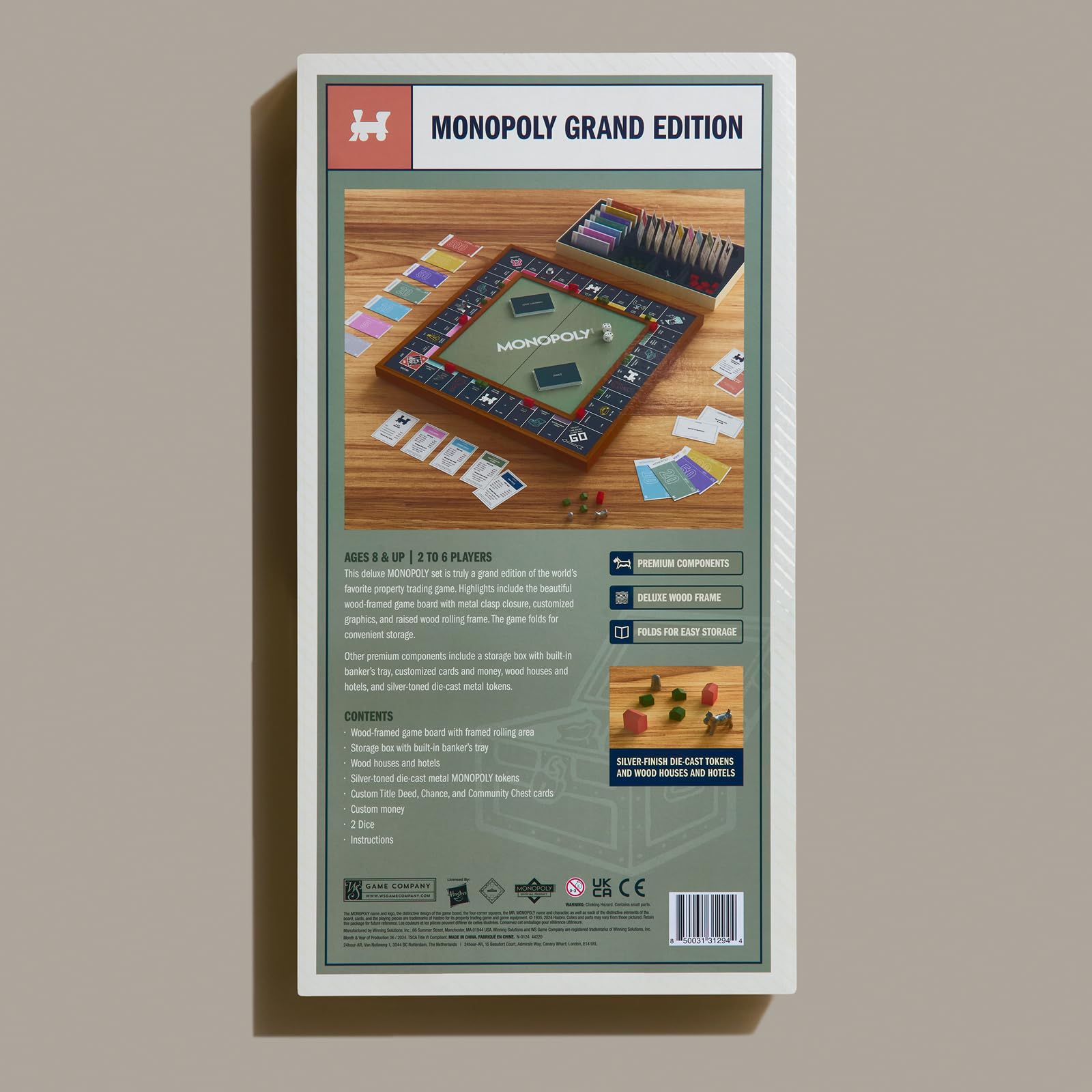 WS Game Company Monopoly Grand Folding Edition – Elegant Wood-Framed Board, Die-Cast Tokens, and Organized Storage