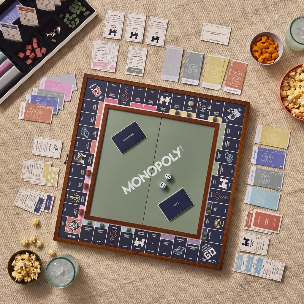 WS Game Company Monopoly Grand Folding Edition – Elegant Wood-Framed Board, Die-Cast Tokens, and Organized Storage