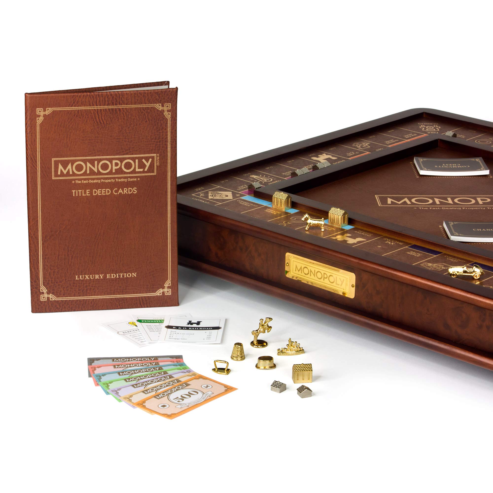 Monopoly Luxury Edition by WS Game Company — Burl Wood Cabinet, Gold Foil Stamped Game Board, Faux Leather Rolling Area, and 2 Storage Drawers