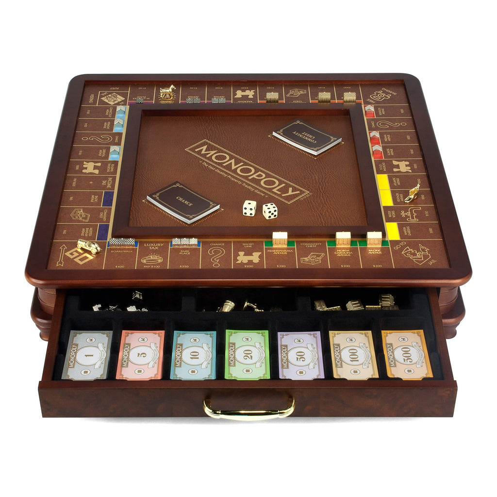 Monopoly Luxury Edition by WS Game Company — Burl Wood Cabinet, Gold Foil Stamped Game Board, Faux Leather Rolling Area, and 2 Storage Drawers