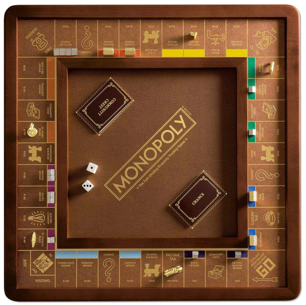 Monopoly Luxury Edition by WS Game Company — Burl Wood Cabinet, Gold Foil Stamped Game Board, Faux Leather Rolling Area, and 2 Storage Drawers