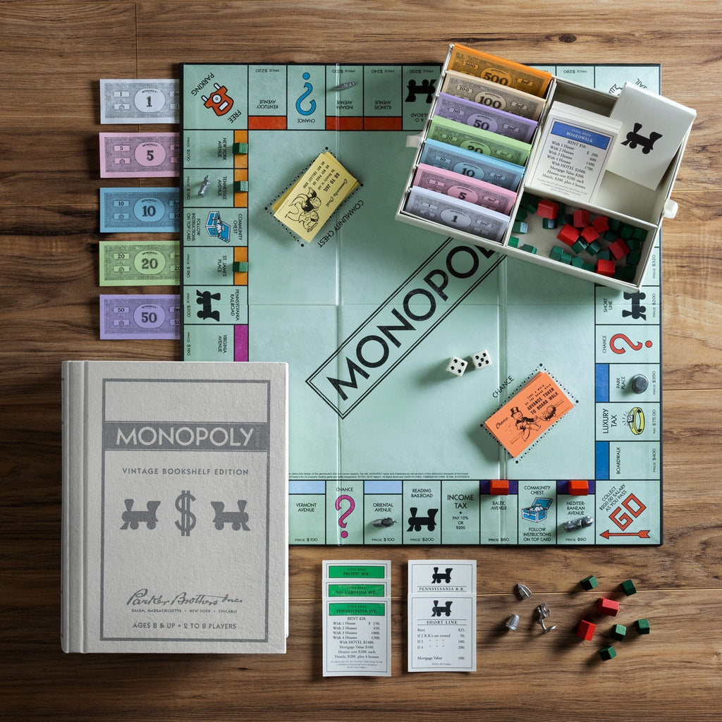 WS Game Company Vintage Board Games Bookshelf Collection — Scrabble, Monopoly & Clue in Book-Style Cases