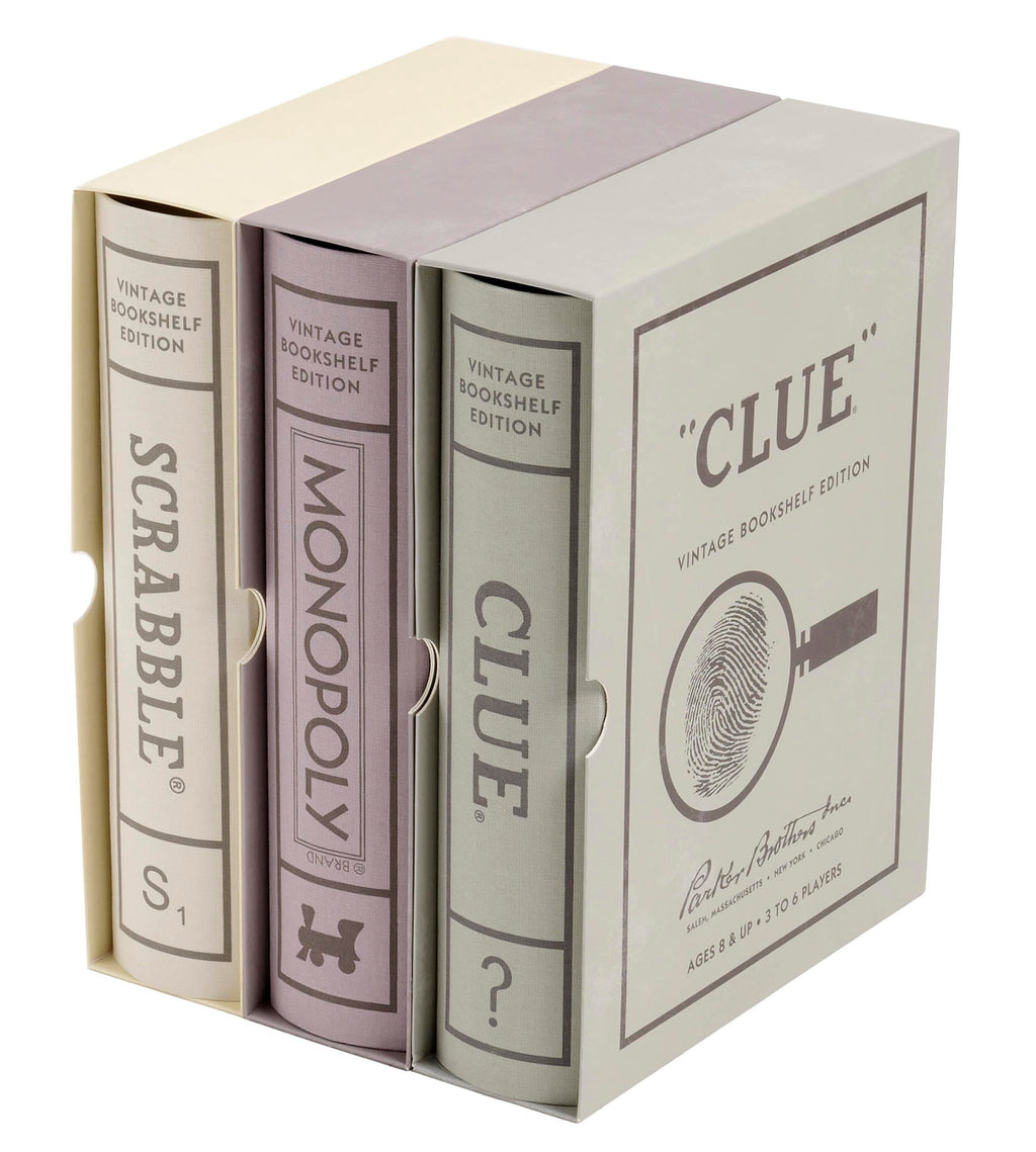 WS Game Company Vintage Board Games Bookshelf Collection — Scrabble, Monopoly & Clue in Book-Style Cases