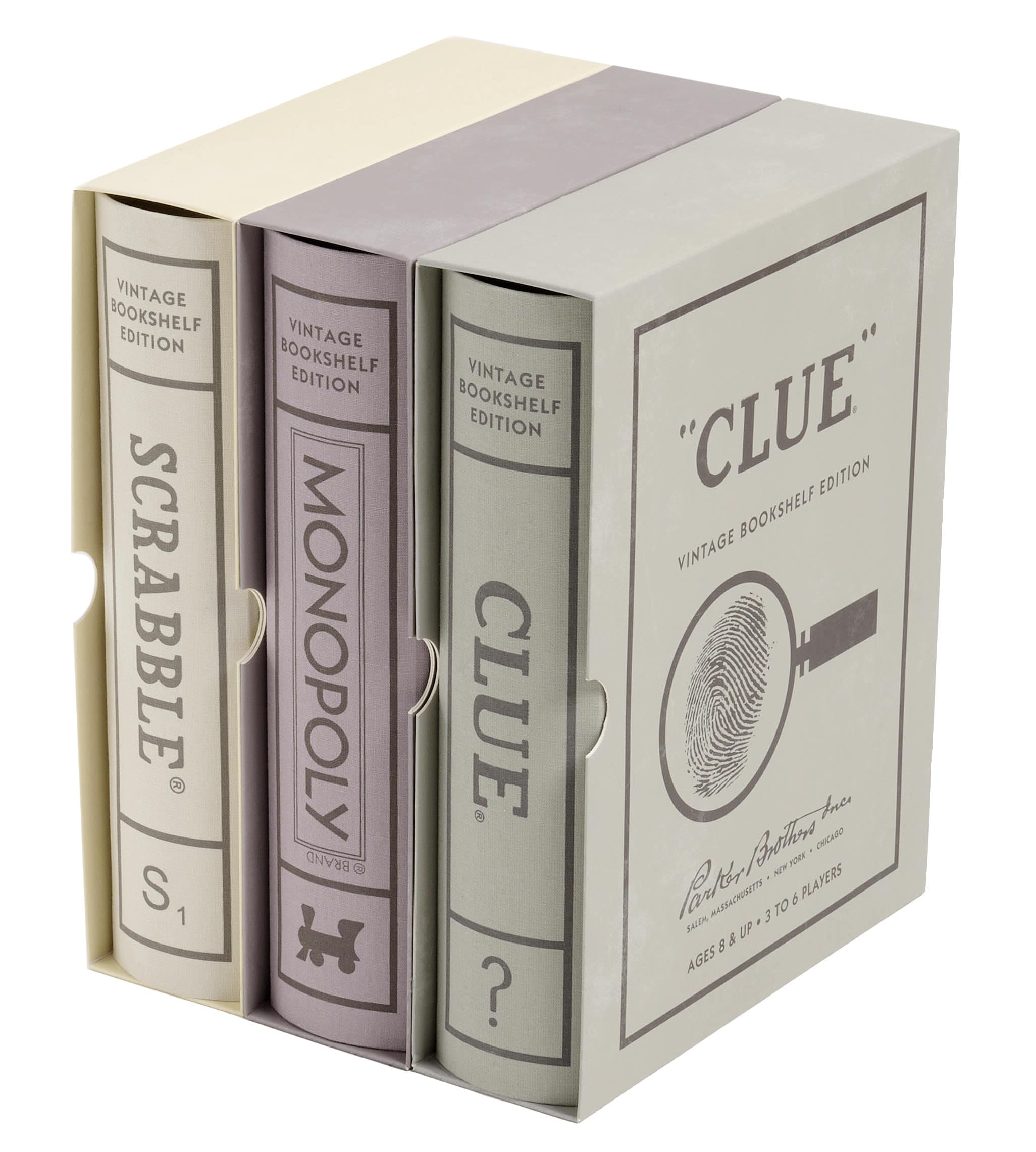 WS Game Company Vintage Board Games Bookshelf Collection — Scrabble, Monopoly & Clue in Book-Style Cases