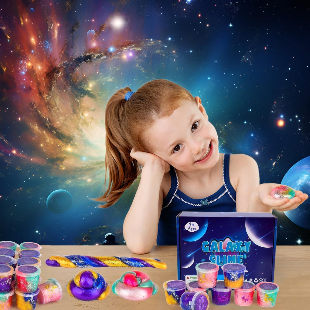 WUJYLY Galaxy Slime Kit 46-Pack – Valentine Kids Party Favors, Non-Sticky Soft Slime