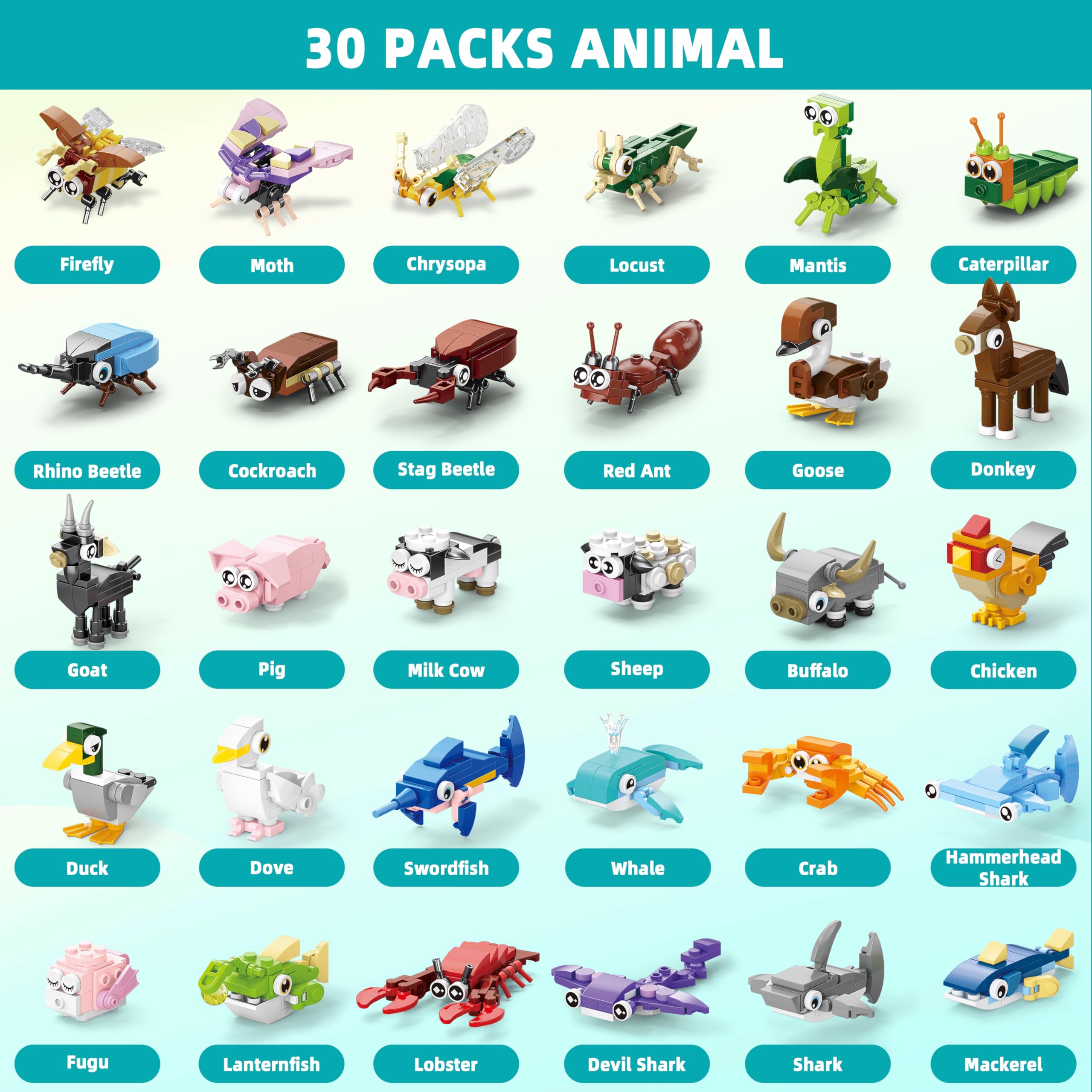 WuNian 30-Pack Animal Building Blocks Party Favors – 919 PCS for Kids