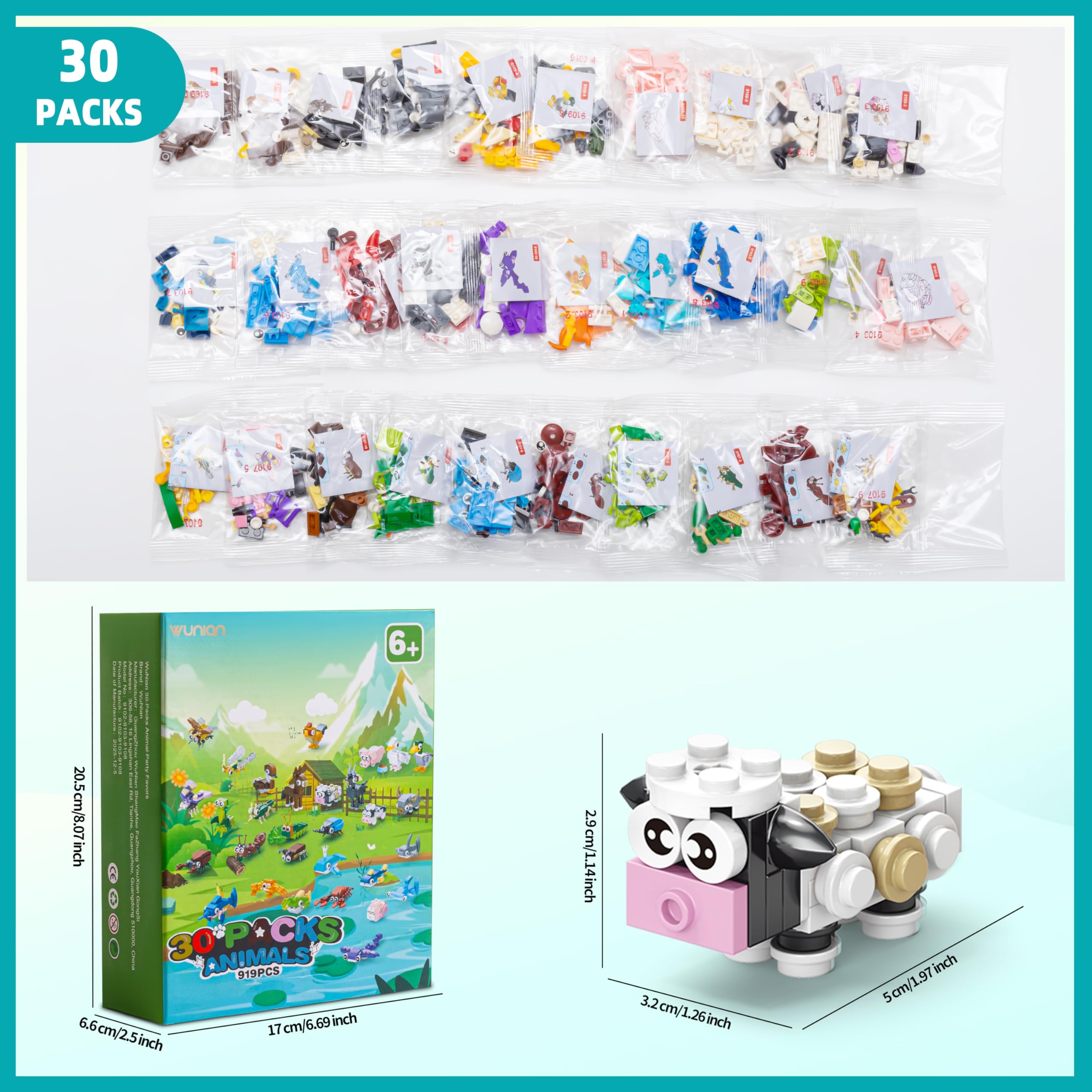 WuNian 30-Pack Animal Building Blocks Party Favors – 919 PCS for Kids