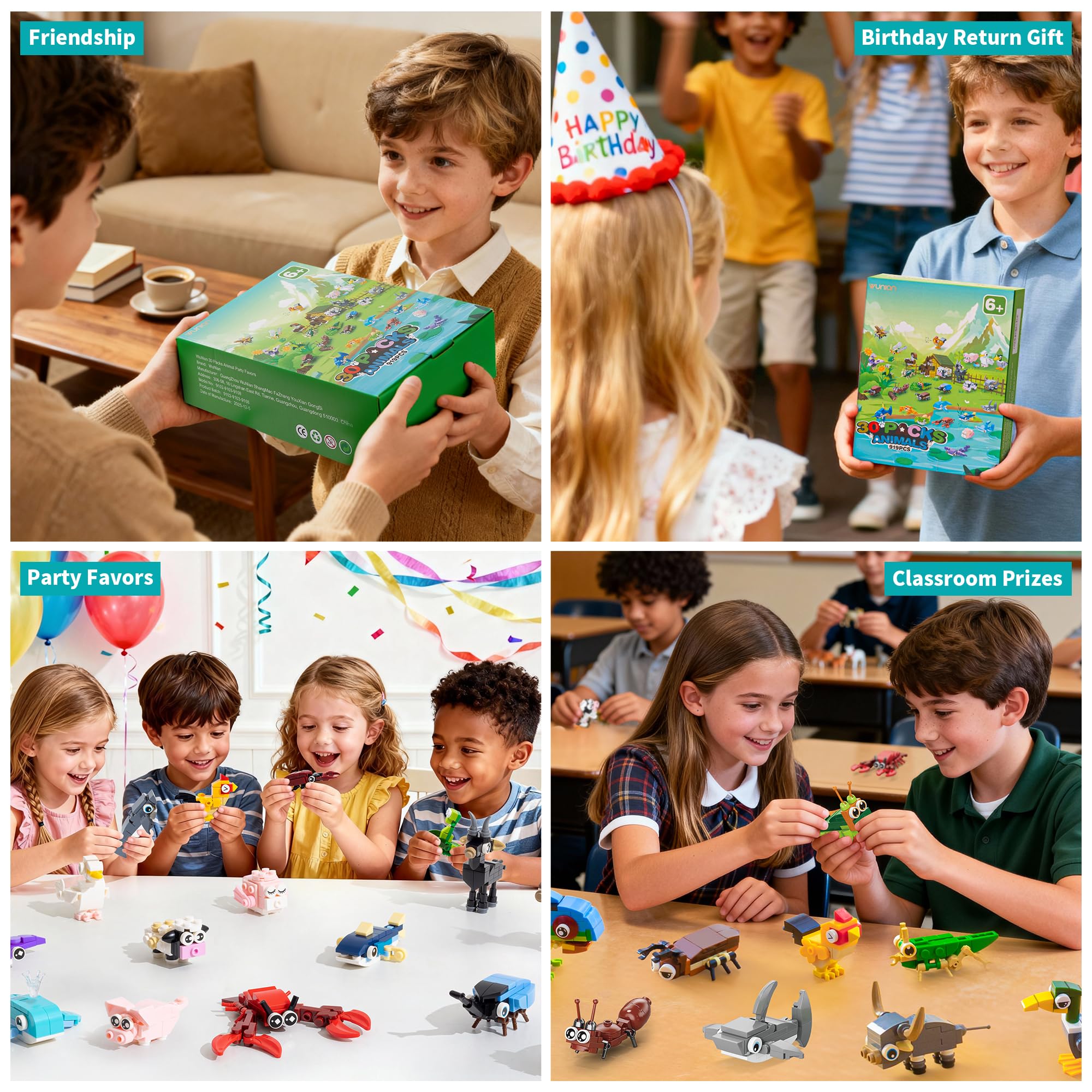 WuNian 30-Pack Animal Building Blocks Party Favors – 919 PCS for Kids