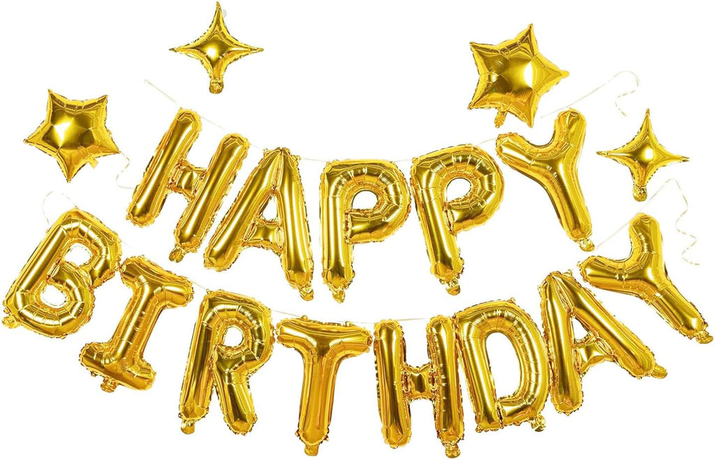 xiangsushijie Gold Happy Birthday Banner Balloon Kit – 16in Letters + 10in Star Balloons