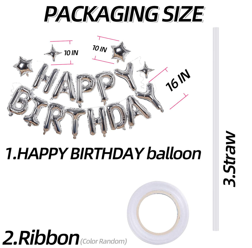 Xiangsushijie Silver Happy Birthday Banner Balloon Kit – 16 Inch Letter + 10 Inch Stars