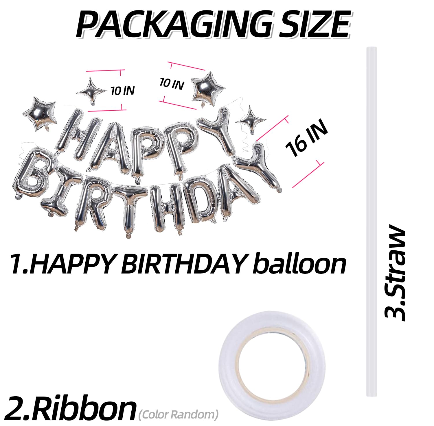 Xiangsushijie Silver Happy Birthday Banner Balloon Kit – 16 Inch Letter + 10 Inch Stars