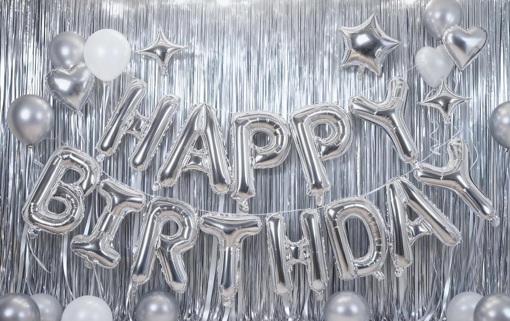 Xiangsushijie Silver Happy Birthday Banner Balloon Kit – 16 Inch Letter + 10 Inch Stars