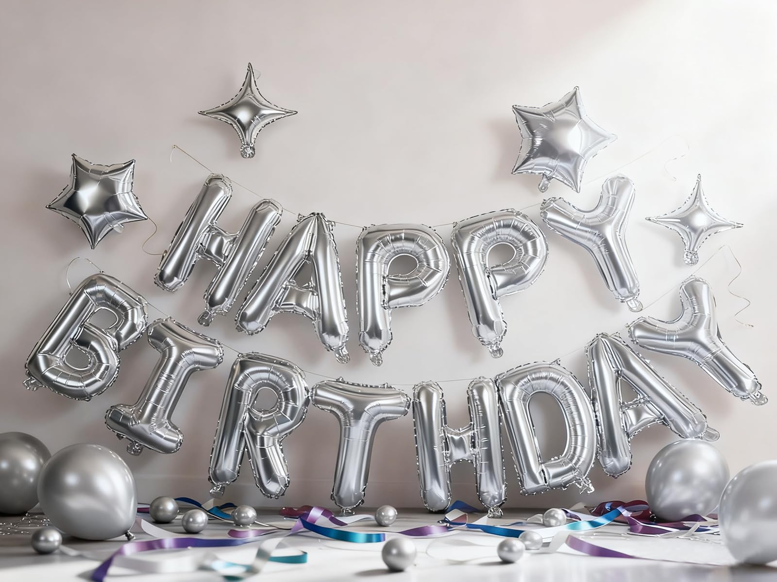 Xiangsushijie Silver Happy Birthday Banner Balloon Kit – 16 Inch Letter + 10 Inch Stars