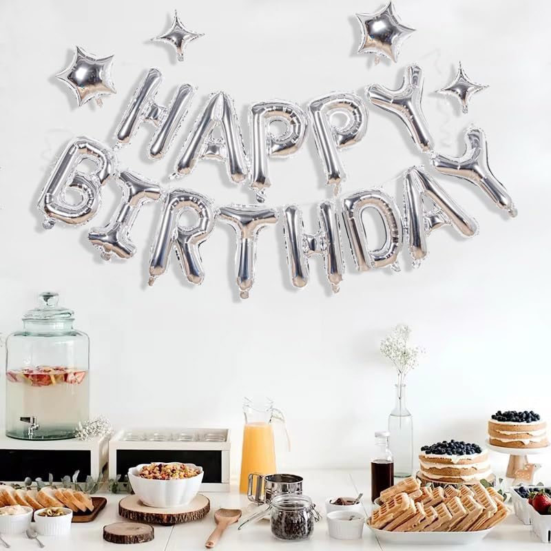 Xiangsushijie Silver Happy Birthday Banner Balloon Kit – 16 Inch Letter + 10 Inch Stars
