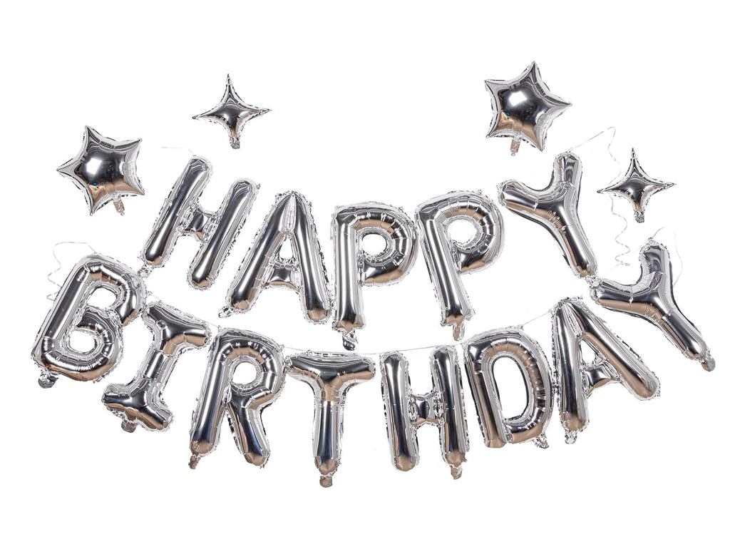 Xiangsushijie Silver Happy Birthday Banner Balloon Kit – 16 Inch Letter + 10 Inch Stars