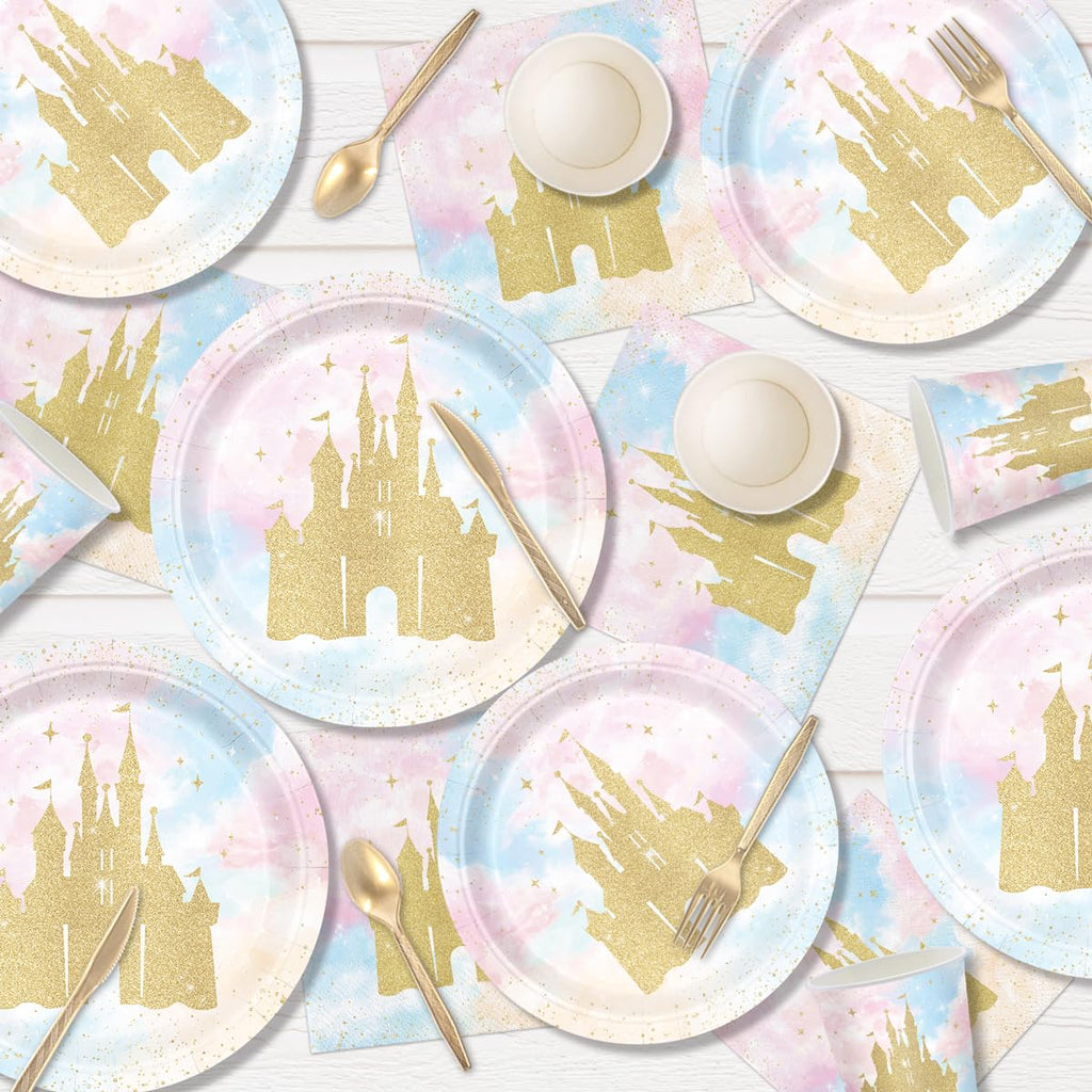 XIENBLOC 168pc Princess Castle Party Set — Disposable Tableware for 24 | Watercolor Pastel Rainbow