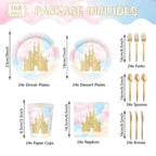 XIENBLOC 168pc Princess Castle Party Set — Disposable Tableware for 24 | Watercolor Pastel Rainbow