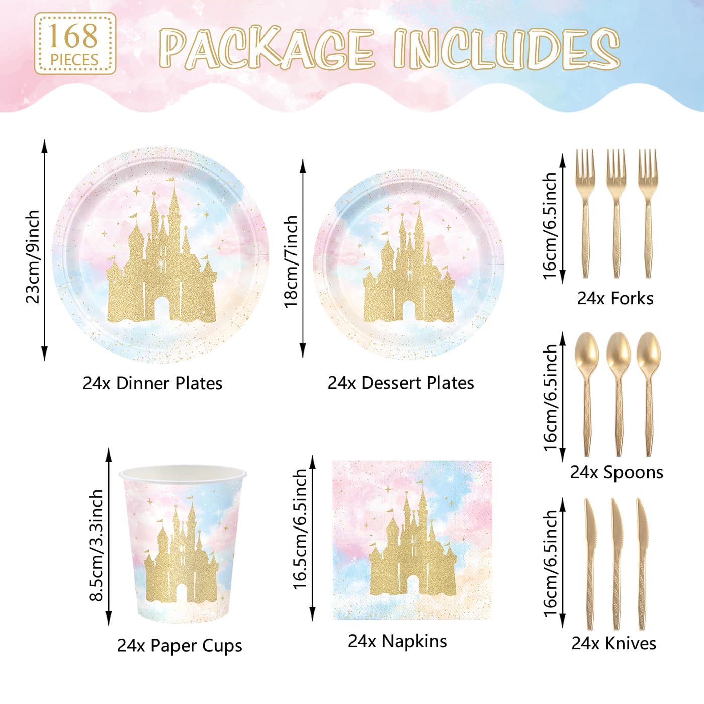 XIENBLOC 168pc Princess Castle Party Set — Disposable Tableware for 24 | Watercolor Pastel Rainbow