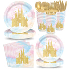 XIENBLOC 168pc Princess Castle Party Set — Disposable Tableware for 24 | Watercolor Pastel Rainbow